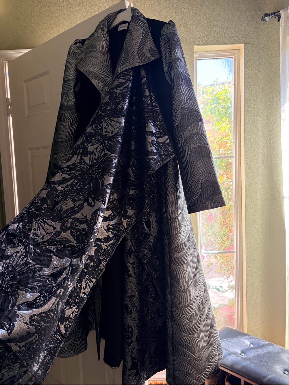 Women's Black & Gray Textured Jacquard Trench Coat from Making the Cut TV series
